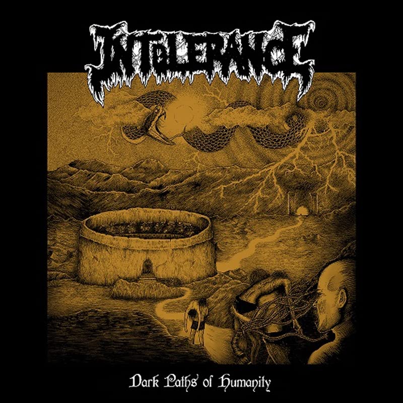 CD cover for Intolerance’s “Dark Paths of Humanity” with dark, detailed artwork.