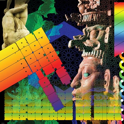 Album cover with fragmented statues, geometric patterns, and vibrant colors.