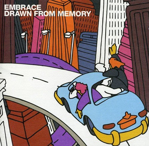 Embrace album cover: illustrated city street with a blue car.