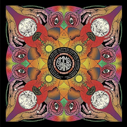 Symmetrical album art with eyes, hands, flowers, and suns in orange and purple.