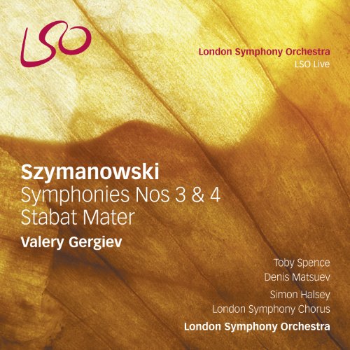 CD cover for Szymanowski symphonies and Stabat Mater, featuring gold tones.