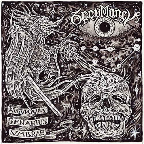Black and white CD cover with an eye, skull, and winged creature.