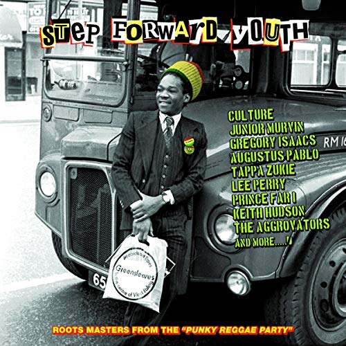 Vinyl album cover: man in suit stands by a red bus, reggae artists listed.