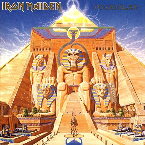 Iron Maiden’s Powerslave album cover: Egyptian-themed art with statues and pyramids.