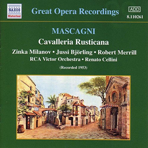 CD cover for Mascagni’s Cavalleria Rusticana featuring Jussi Björling, with village scene.