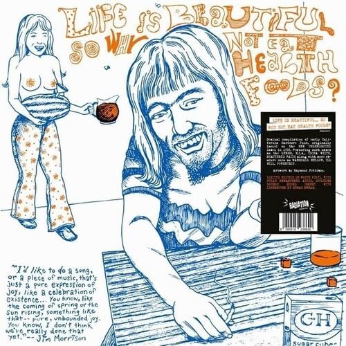 Blue line art of people, text, and objects on a white album cover.