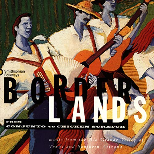 CD cover: painted musicians with instruments, bold text “BORDERLANDS”.