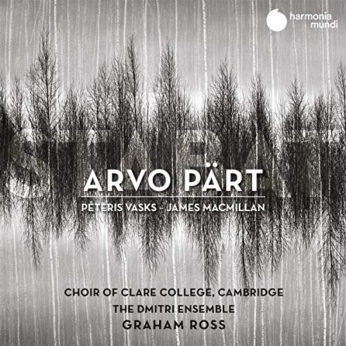 CD cover with grayscale forest reflection, text reading "Arvo Pärt" and choir details.