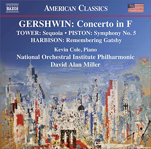 CD cover for classical music featuring a cityscape and American flag.