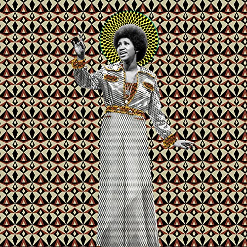 Aretha Franklin standing in a patterned dress against a geometric background with a halo.