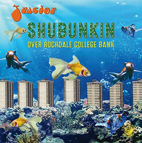 Vinyl album cover featuring colorful goldfish swimming amongst buildings.