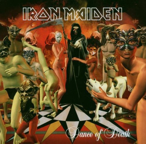 Iron Maiden “Dance of Death” album cover with masked figures and grim reaper.