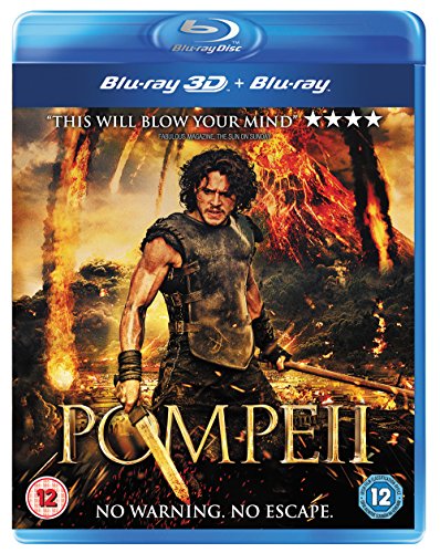 Blu-ray cover for the film Pompeii, featuring a man and volcano eruption.