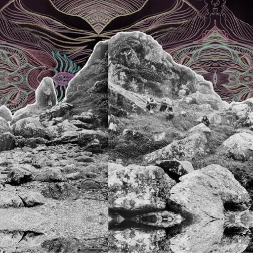 Black and white landscape with figures, overlaid with colorful psychedelic patterns.