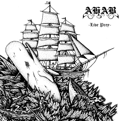 Black and white illustration of a ship and whale, "Ahab - Live Prey" CD.