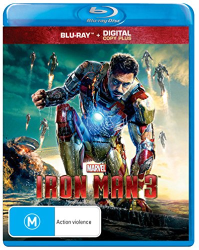 Iron Man 3 Blu-ray cover featuring Robert Downey Jr. in armor, action scene.