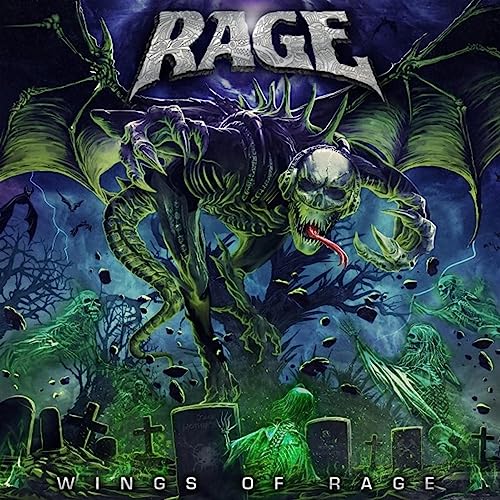 CD cover for Rage’s “Wings of Rage” featuring a green, winged skeletal figure.