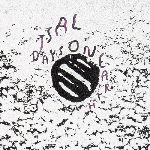 Abstract album cover with purple text and a black circular shape.