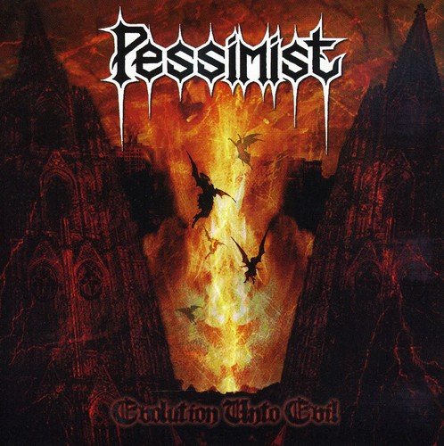 CD cover for Pessimist’s “Evolution Unto Evil” with gothic architecture and flames.