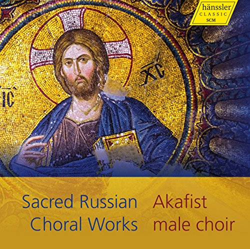 CD cover featuring a mosaic of Christ with halo, text "Akafist" and "Sacred Russian Choral Works".