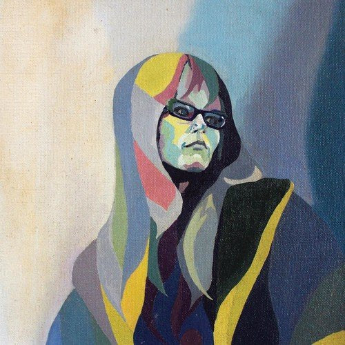 Painted portrait of Judy Dyble wearing glasses, with colorful abstract shapes.
