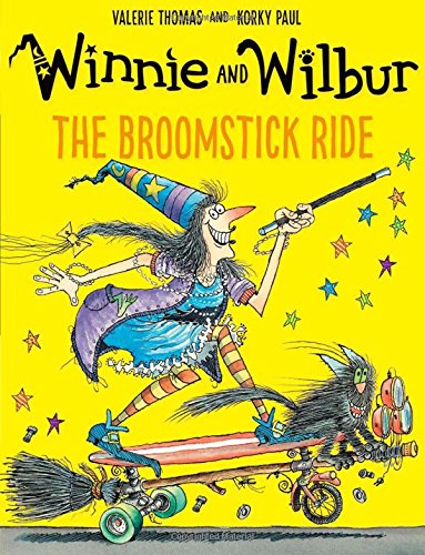 Winnie the witch rides a broomstick with her black cat, Wilbur.
