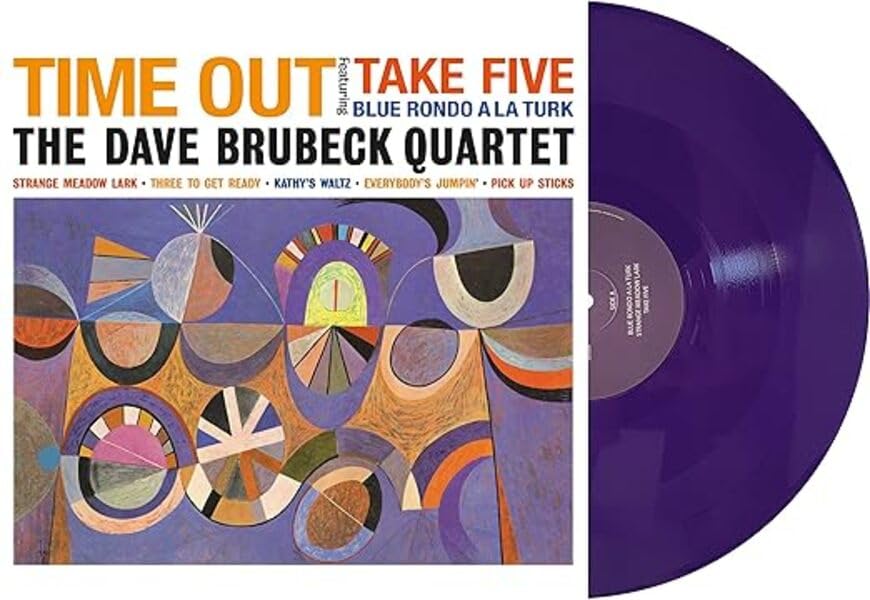 Time Out" album cover and purple marble vinyl record by The Dave Brubeck Quartet.