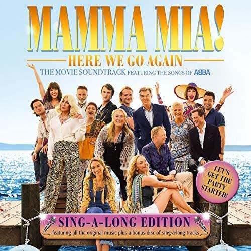 Mamma Mia! Here We Go Again" soundtrack CD cover with cast group photo.