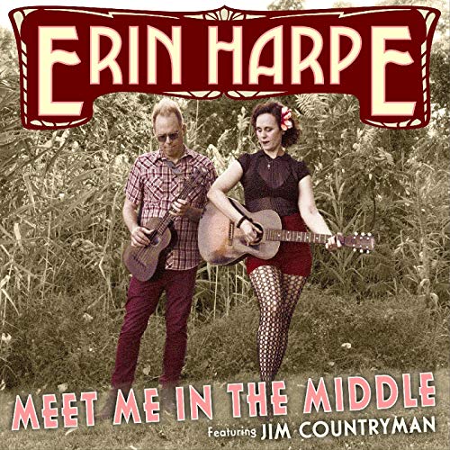 Erin Harpe and Jim Countryman playing guitars in a field on a CD cover.