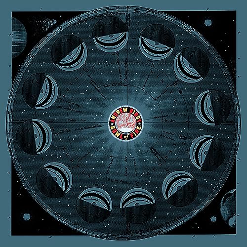 Circular album cover with phases of the moon and central logo.