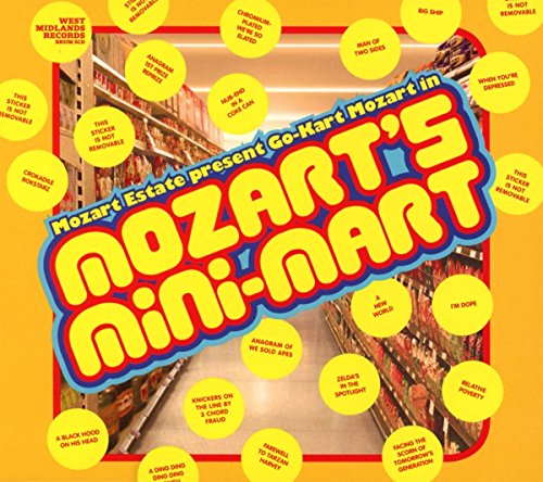 CD cover for “Go-Kart Mozart’s Mini-Mart” with bright colors and text.