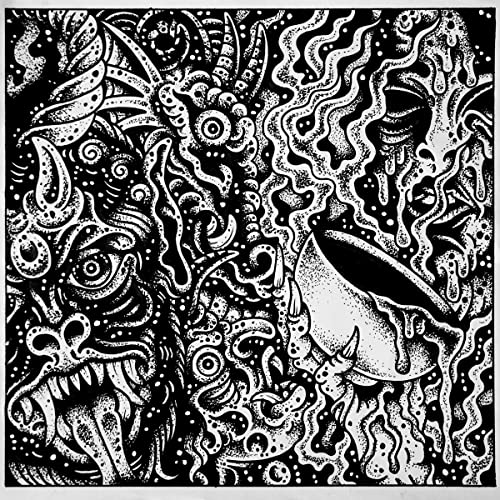 Intricate black and white illustration of a demonic face with tears.