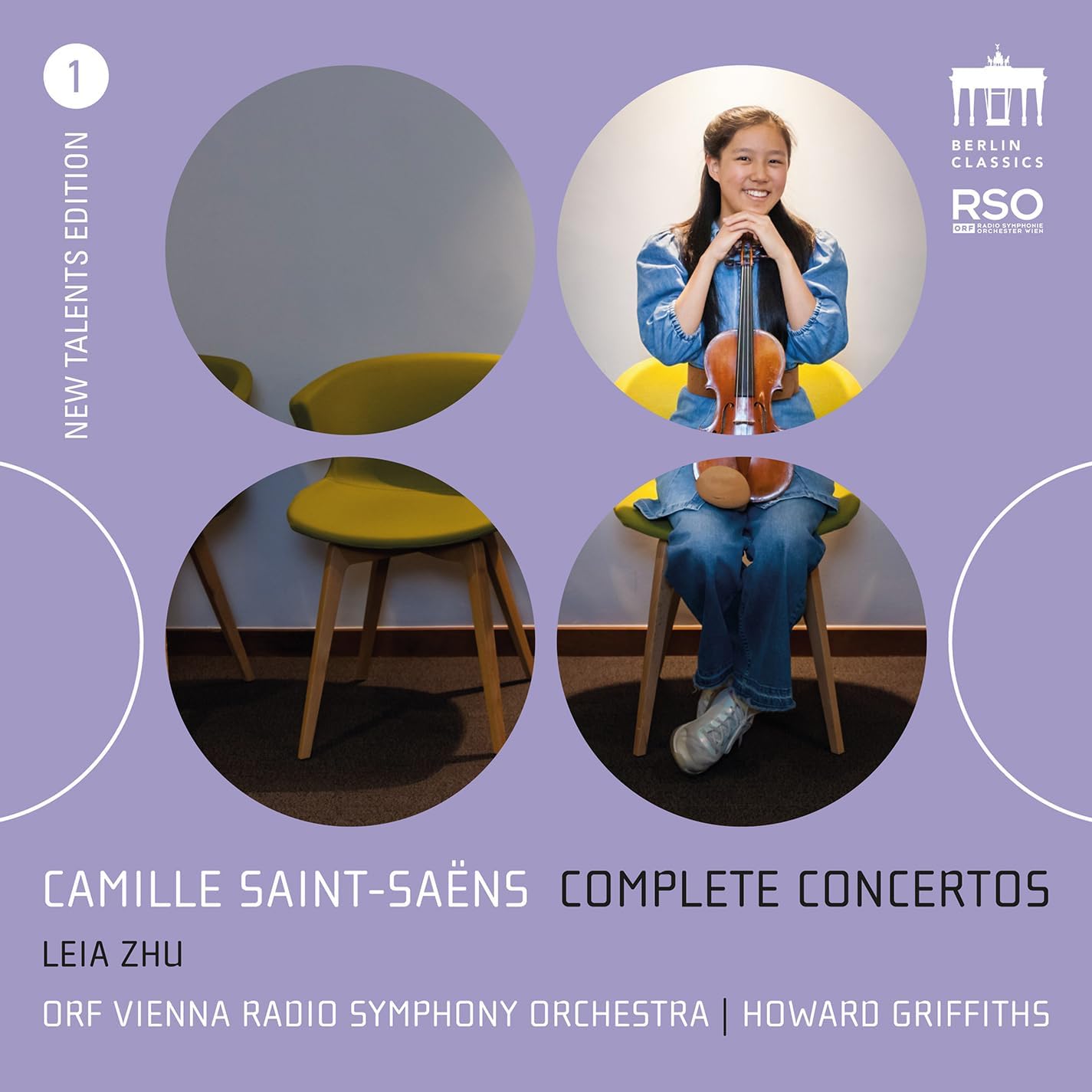 CD cover featuring violinist Leia Zhu with colorful chairs and text.