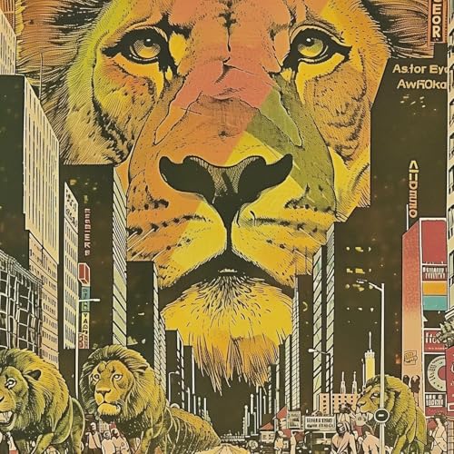 Album cover: lion’s face overlaid on a city skyline illustration.