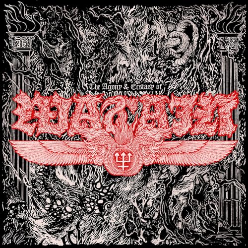 Black and white album cover for Watain, with red text and winged symbol.