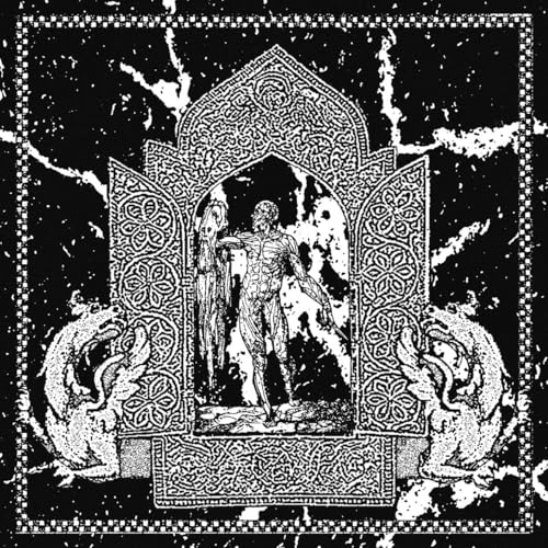 Black and white illustration of a figure within an ornate archway.