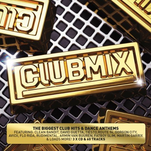 Gold 3D "CLUBMIX" text on a metallic grid background with an artist list below.