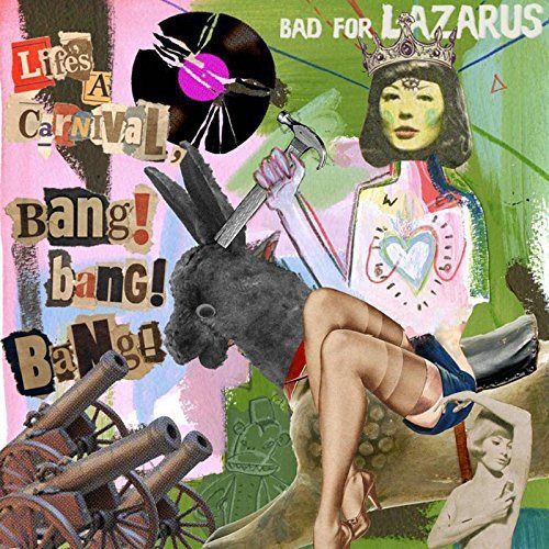 Collage album cover with a woman in a crown, rabbit, and weapons.