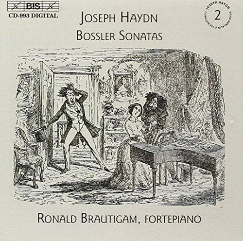 CD cover: sketch of 18th-century figures with a fortepiano, Haydn & Brautigam.
