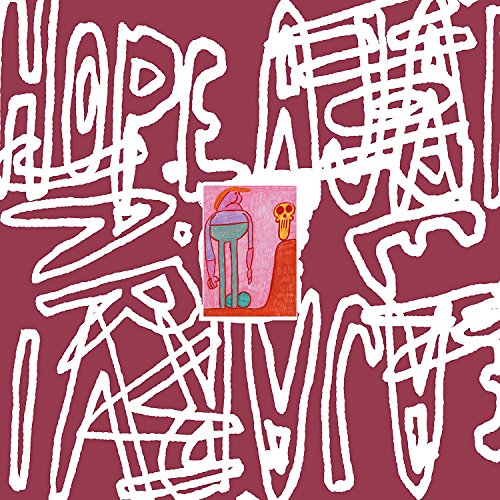 CD cover with abstract white scribbles over a pink background and artwork.