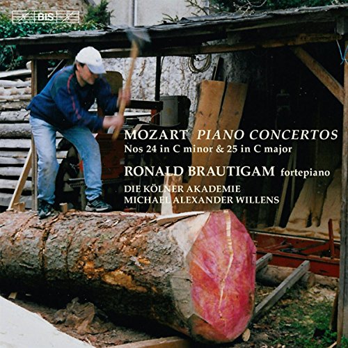 CD cover: man sawing wood, text listing Mozart piano concertos.