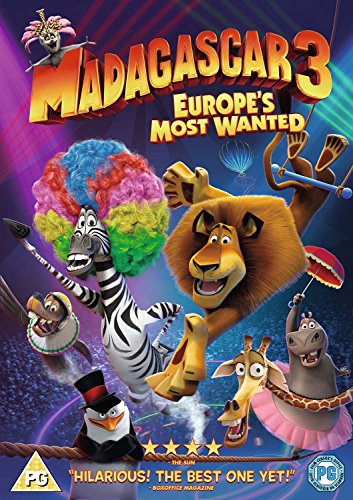 Animated characters from Madagascar 3 performing circus acts against a purple background.
