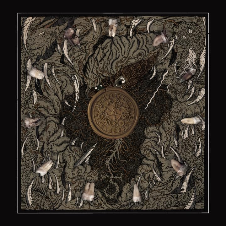 Dark, detailed illustration of claws surrounding a central, ornate emblem.