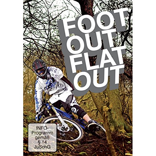 A mountain biker rides through a forest with the title Foot Out Flat Out.