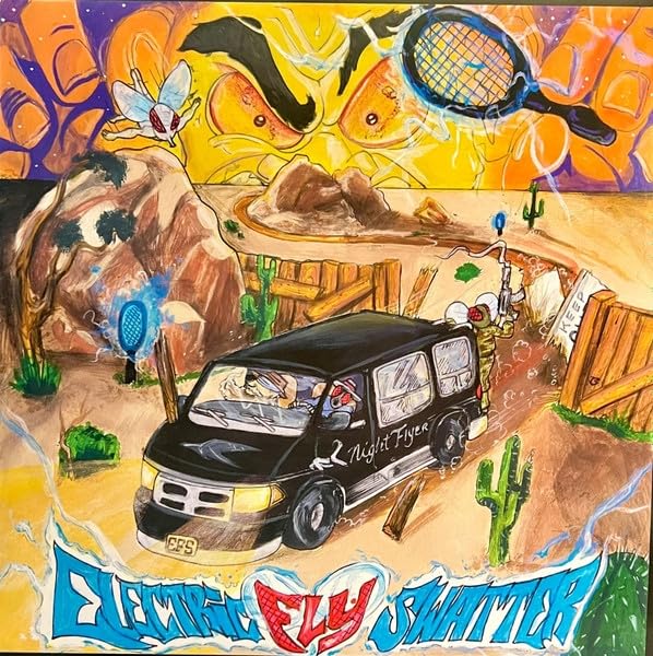 Painted record cover featuring a car, fly, and electric fly swatter.