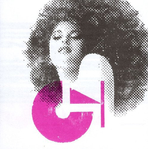 Black and white halftone portrait with a pink geometric design.