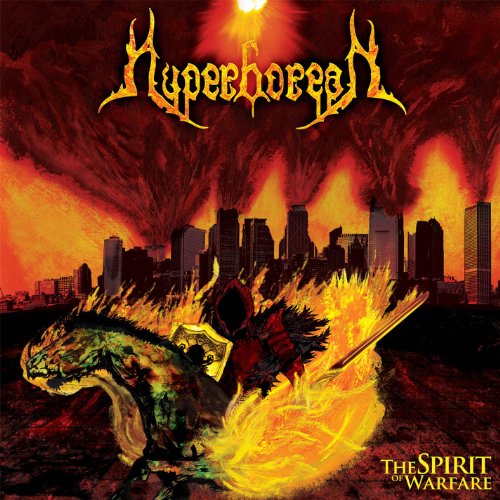 CD cover: fiery cityscape, armored figure on horse, band logo “Hyperborean”.