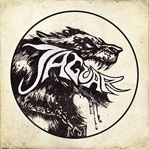 Black and white illustration of a snarling jaguar head inside a circular frame.