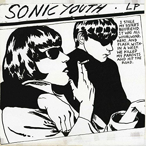 Black and white comic-style illustration of two people wearing sunglasses on an album cover.