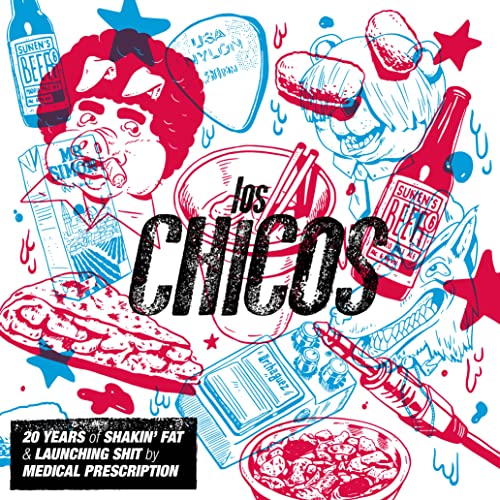 CD cover for Los Chicos, featuring colorful, chaotic food and portrait illustrations.